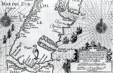マゼラン海峡の地図、オリヴァー・ファン・ノールトの航海記の図版、1602年