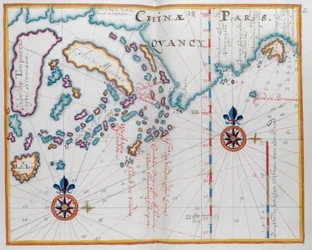 中国の海岸の一部と島々を示す地図。