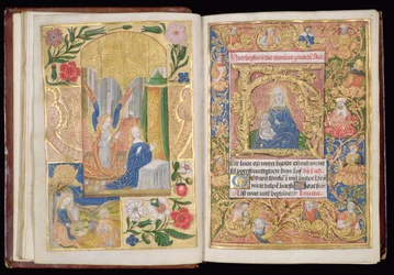 Ms 144、ff.13v-14r：受胎告知と聖母子、時間の書からのミニチュア、ユトレヒトの使用、c.1500-20（羊皮紙に金箔と金色のインク）