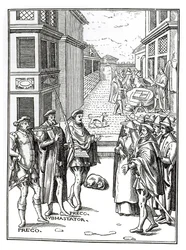Joos de Damhouder（1507-81）によるPraxis Rerum Civiliumの木版画の後のTown Crierによる販売、アントワープ、1557