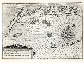 1598年9月にモーリシャスのサウスイーストポートに副提督Wybrandt Van Warwijcks Flotillaが到着