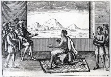 1622年、ンドンゴのンジンガ女王とルアンダのポルトガル総督ジョアン・コレイア・デ・ソウザの会談（エングレーヴィング）