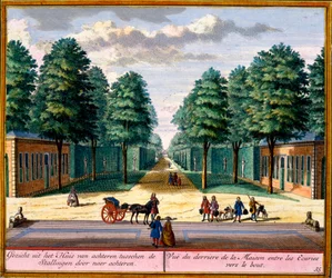 Hendrick de LethとMatthias Brouerius Van NidekによるHet Zeganpralent Kennemerlantによる、厩舎の間の家の裏側の眺め、1700〜30年頃