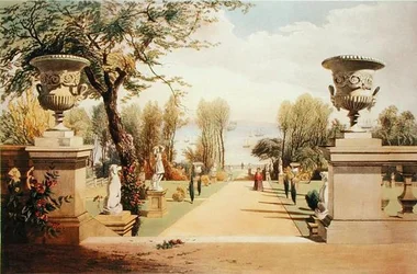 1857年に出版された「Gardens of England」に掲載されたワイト島のウェストフィールド・ハウスの庭園の風景（クロモリ写真）