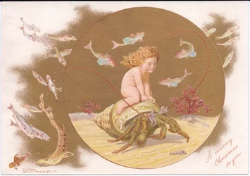魚の群れに囲まれた水域に乗っている貝殻のヤドカリのビクトリア朝のクリスマスカード、Gertrude Thompson作、1895年頃（カラーリソ）