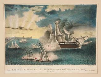トリポリ沖の岩の上に立つ米フリゲート艦フィラデルフィア
