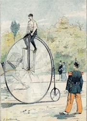 前輪の直径が1.50mを超えるグラン・ビ（Grand-Bi） - 19世紀後半、学校図書用の保護スリーブから - E. Letellierによるイラスト - 19世紀後半、歴史的なプロテッジ・ノート -.