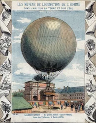 1878年にパリのチュイルリーで開催されたアンリ・ジファールの捕虜の気球の膨張操作と装備 - 19世紀後半の学校図書の保護スリーブから - E Letellierによるイラスト - 1878年のパリ万国博覧会：気球の膨張操作