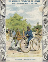 Pierre Michaux and Michaudine velocipedes - From a protective sleeve for school books, late 19th century - velocipedes a pedale (les michaudines) by Pierre Michaux (1813-1883)