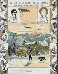 輸送用戦車 - アッティラのフン族（約395～453年） - 野蛮人の侵略 - E Letellierによるイラスト - 歴史的なノートを保護するために、19世紀後半 -