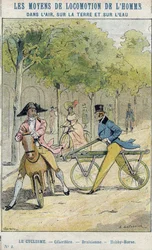 Velocipedes - English celerifere - Draisienne, the ancestor of bicycle - From a protective sleeve for school books, late 19th century - illustration by E Letellier - Celerifere - Draisienne - Hobby-Horse (Nobby Horse) - Protect notebook historique, fin 19t