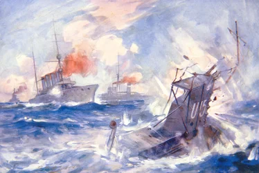 HMSバーミンガムによるドイツ潜水艦U15の撃沈（カラーリトグラフ