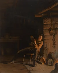 リンカーンの少年時代。 （丸太小屋の夕方）、1868（船上の紙にクロモリソグラフ）