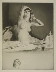 トイレにいる女性、シドニー・ガブリエル・コレット（1873-1954）による「ミツウ」のイラスト、1930年発行（エッチングとドライポイント）