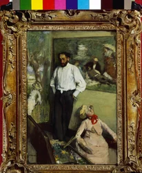 男とパンタン、またはアトリエでのアンリ・ミシェル・レヴィの肖像1879年。エドガー・ドガ（1834-1917）の絵画。ポルトガル、リスボン、カルースト・グルベンキアン美術館。
