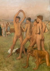 男の子を挑発するスパルタの少女たち（詳細）。1860-1862年頃、1880年以前に再開された。油彩・キャンバス