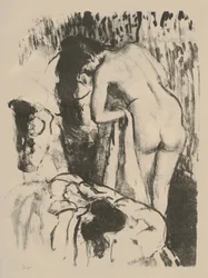 立っている裸の女性、自分自身を乾かす、c.1891-92（網目紙のリトグラフ）