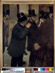 証券取引所での肖像画（A la Bourse）：金融業者でありコレクターであったアーネスト・メイ（1845-1925）による表現。エドガー・ドガ（1834-1917）の絵画。1878-1879.パリ、オルセー美術館 - 「証券取引所の肖像」：R