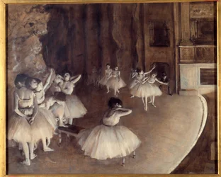 舞台上でのバレエの繰り返し エドガー・ドガ（1834-1917）の絵画。1874.薄暗い。0.65x0.81 m パリ、オルセー美術館