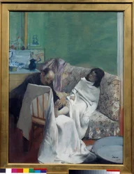 ペディキュア 医師が若い女性の足を診察する様子。エドガー・ドガ（1834-1917）による絵画。1873.薄さ0.61 x 0.46 m パリ、オルセー美術館