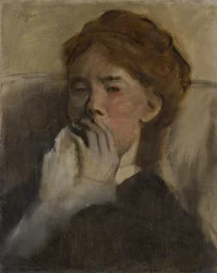 彼女の口に彼女の手を持つ若い女性、ca。 1875。