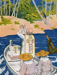 ジョルジュ・ゴワイヨ（1869-1939）の「A la Conquete du Monde Paien」より「ラグーンでミサを受ける」のイラスト（カラーリトグラフ）1933年