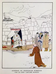 ジョルジュ・ゴワイヨ（1869-1939）1933年（カラーリトグラフ）「A la Conquete du Monde Paien」より、1251年、タルタルの酋長マングの前に立つウィリアム・ルーブルック（1200年頃-1256年）。