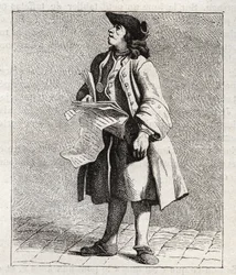 Le crieur des numos winners (Loto) - Petity metier de Paris (Études prises dans le bas Peuple, ou les Cris de Paris) - Edme Bouchardon (1698-1762) のエングレーヴィング。