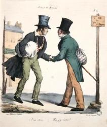 退院する男と病院に戻る男（「Moeurs Parisiennes」シリーズの風刺画）、Langlume作、1825年頃（カラーリトグラフ