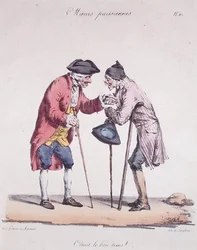 古き良き時代」風刺画（「Moeurs Parisiennes」シリーズより）Langlume作、1825年頃（カラーリトグラフ版