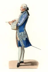 ジャルナック伯爵シャルル・ロザリー・ド・ロハン・シャボ（1740-1813）、オリヴィエによる1777年の絵画の後 - 「Costumes historiques des 16e」のエドモン・ルシュヴァリエ＝シュヴィニャール（1825-1902）によるイラストからのリトグラフ。