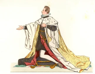 コスメ2世・ド・メディシス（1590-1621）、トスカーナ大公（イタリア） - Edmond Lechevallier-Chevignard（1825-1902）のイラストをもとにしたリトグラフ（「16世紀の歴史的衣装」より）。
