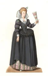ヘンリー3世（1551-1589）の時代のフランス人女性 - Edmond Lechevallier-Chevignard（1825-1902）のイラストを元にしたリトグラフ（「Costumes historiques des 16th」より