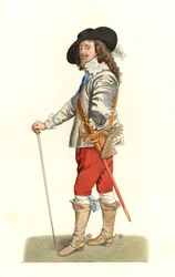 アントニー・ヴァン・ダイク（1599-1641）が1635年に描いた肖像画をもとにしたイングランド王チャールズ1世（1600-1649） - Edmond Lechevallier-Chevignard（1825-1902）が描いたイラストのリトグラフ（「Costumes historiques des 16e」より