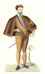 聖霊騎士団の首飾りをつけたフランス王アンリ3世（1551-1589） - Edmond Lechevallier-Chevignard（1825-1902）のイラストをもとにしたリトグラフ（「Costumes historiques des 16th」より）。