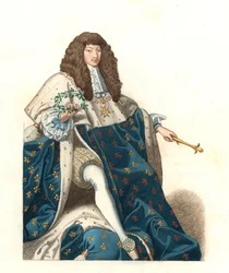 若き日のフランス王ルイ14世（1638-1715）、ブロワ美術館（フランス）のペアンチュールの後 - Edmond Lechevallier-Chevignard（1825-1902）のイラストの後のリトグラフ、「Costumes historiques des 16th」より。
