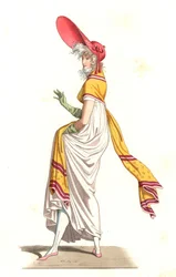 カルル・ヴェルネ（1758-1836）の絵画の後に描かれた、18世紀の素晴らしい時代のファッションに身を包んだ若いフランス人女性 - 「Costumes historiques des 16th」に掲載されたエドモン・ルシュヴァリエ＝シュヴィニャール（1825-1902）のイラストをもとにしたリトグラフ。