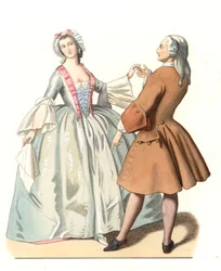 ピエトロ・ロンギ（1701-1785）の絵画に基づく、18世紀イタリアのダンス・レコン（踊りの師匠と若いヴェネツィア人） - 「16世紀の歴史的衣装」から抜粋したエドモン・ルシュヴァリエ＝シュヴィニャール（1825-1902）のイラストに基づくリトグラフ。