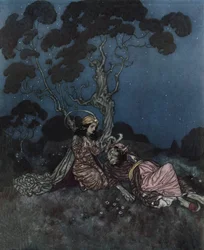 美女と野獣：野獣に怯える美女、そばに横たわる 1910年頃（リトグラフ）