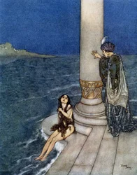 ハンス・クリスチャン・アンデルセン作、エドモンド・デュラック（1882-1953）絵、「小鳥のさえずり」（La petite sirène）。ピアッツァ、パリ