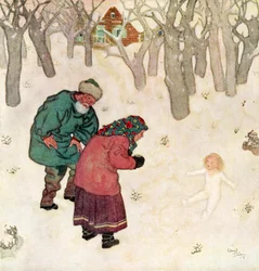 「彼らがこれまで見た中で最も華奢でかわいらしい少女」、ロシアの昔話『スネゴロチカ』の挿絵、『エドマンド・デュラックの妖精物語集・連合国の昔話』より、1916年刊