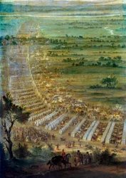 ルイ 14 世 (1638 ～ 1715 年) によるドール アン フランシュ コンテの町の占領、1674 年 6 月 6 日、軍のキャンプを表す詳細。 ジョン ポール (1675 ～ 1683 年頃に知られている) による絵画。 太陽 2,29x3,3 m ベルサイユ、シャトー美術館