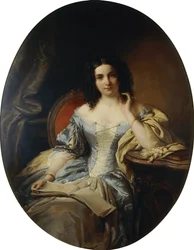 青と白のドレスを着た着席女性の肖像画。 1853年に青と白のドレスを着た着席女性の肖像