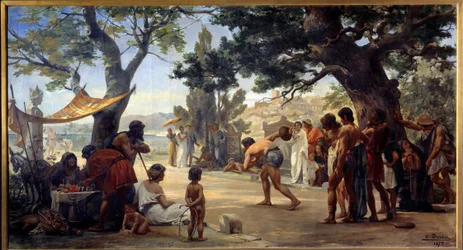 ギリシャの古代：「ディスクの遊び」 ジョセフ・ダンタン（1848-1897）による絵付け 1875年 ルーアン、ボザール美術館