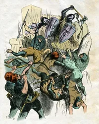 エドゥアール・フレール（1797-1874）とセオドア・リクス（1830-1897）による"" の挿絵。スコットランドの作家ウォルター・スコット（1771-1832）の『アイヴァンホー』：戦闘シーン、城攻め。