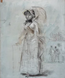 開いた傘を持って歩く女性、1880年