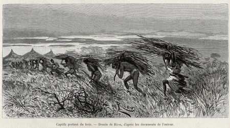 潅木の中で薪を運ぶ捕虜たち。1887年から1889年にかけて、船長ルイ・グスタフ・ビンガー（1856-1936）が、エドゥアールの指導の下、『Le tour du monde, nouveau journal des voyages』に掲載した「ニジェールからギニー湾まで」の物語を説明するために、リウが描いた版画。