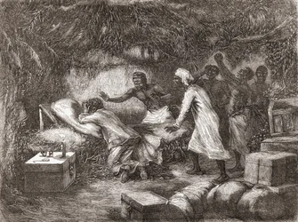 1873年にアフリカのチタンボ村でリヴィングストン博士が亡くなった、「The World intheHands」のイラストが1878年に出版された