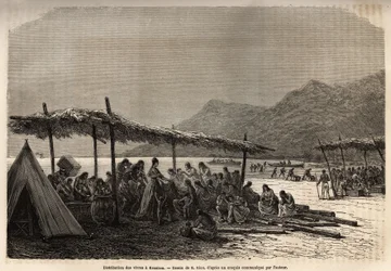 1868年の地震と火山噴火の後、被災者のためにケアウホウで行われた食料の配給。1855年から1869年にかけてのサンドウィッチ諸島への航海を描いたE.Riouの絵の後に、C.de Varignyが彫ったもので、「Le