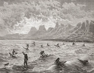 ハワイアンサーフィン、チャールズバーバント（1922年）によって刻まれた「世界の手」からのイラスト、1878年に公開（彫刻）